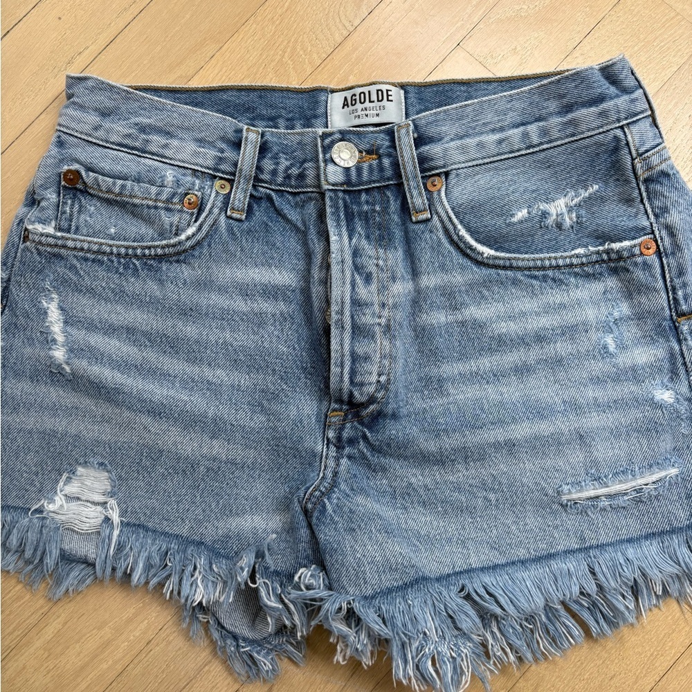 Agolde Blue Distressed Jean Shorts Vintage-Inspired
